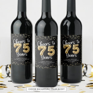 Étiquette Pour Bouteilles De Vin Salutations à 75 Anniversaire Noir Confetti Or