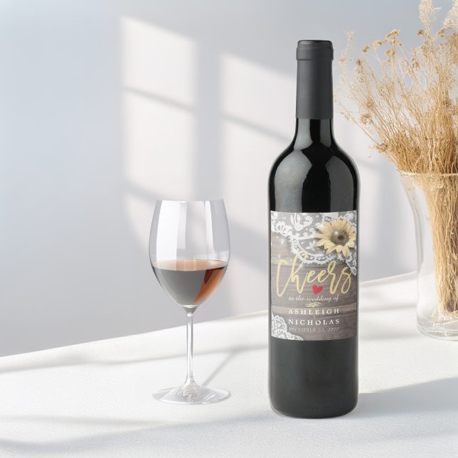 Étiquette Pour Bouteilles De Vin Salutations À Mariage Dentelle Tournesol Rustique  (Créateur téléchargé)