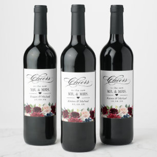 Étiquette Pour Bouteilles De Vin Salutations au Mariage Bourgogne Bleu Floral Bleu
