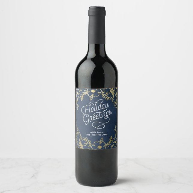 Étiquette Pour Bouteilles De Vin Salutations de vacances Gold Botanical (Devant)