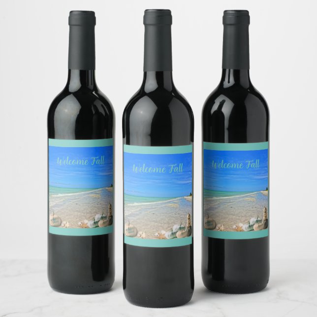 Étiquette Pour Bouteilles De Vin Sanibel Island Florida Beach avec Citrouilles d'au (Bouteilles)