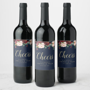 Étiquette Pour Bouteilles De Vin SANTÉ   mariage floral bleu bordeaux et bleu marin