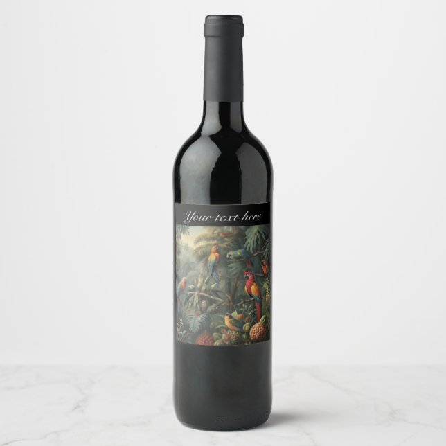 Étiquette Pour Bouteilles De Vin Scène botanique de perroquets et ananas (Devant)