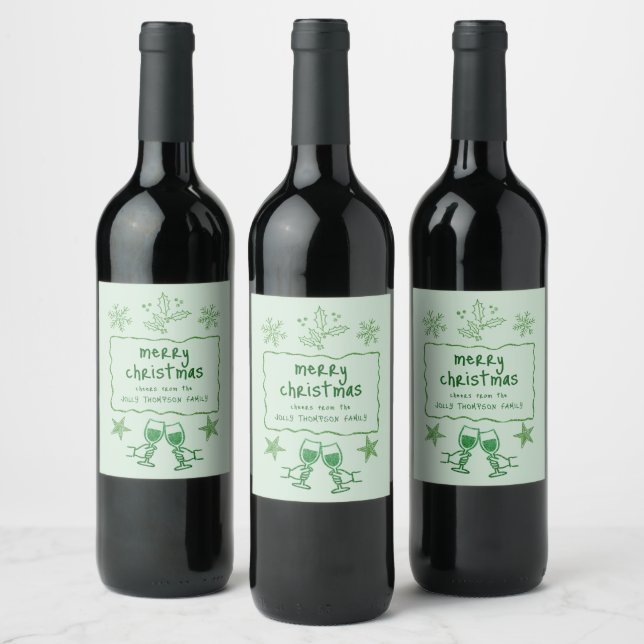 Étiquette Pour Bouteilles De Vin Scribbly Doodle Wavy Frame Glitter Green Christmas (Bouteilles)
