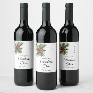 Étiquette Pour Bouteilles De Vin Script Christmas Cheval Branch avec baies