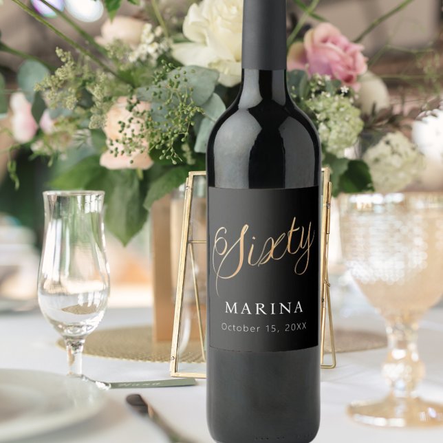 Étiquette Pour Bouteilles De Vin Script de nom en or noir 60e anniversaire (Créateur téléchargé)