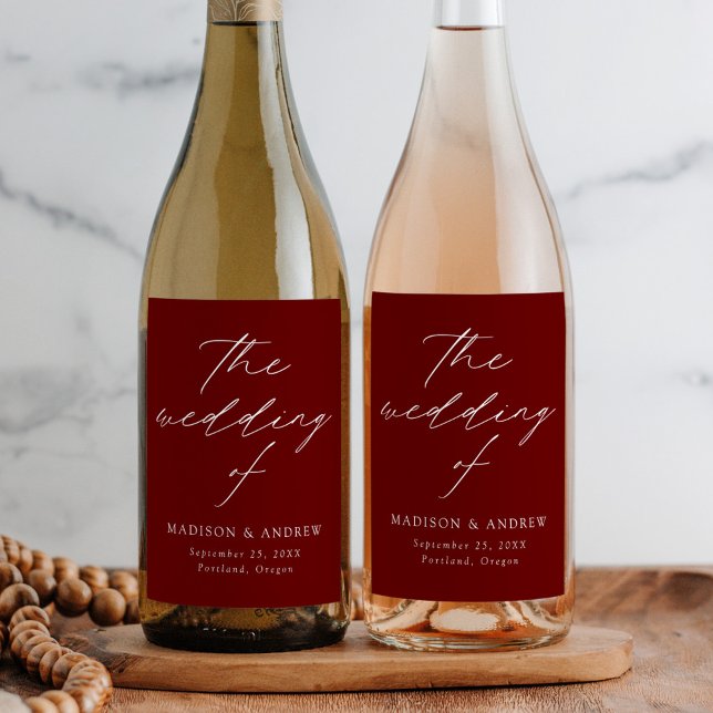 Étiquette Pour Bouteilles De Vin Script élégant moderne Mariage Bourgogne (Créateur téléchargé)