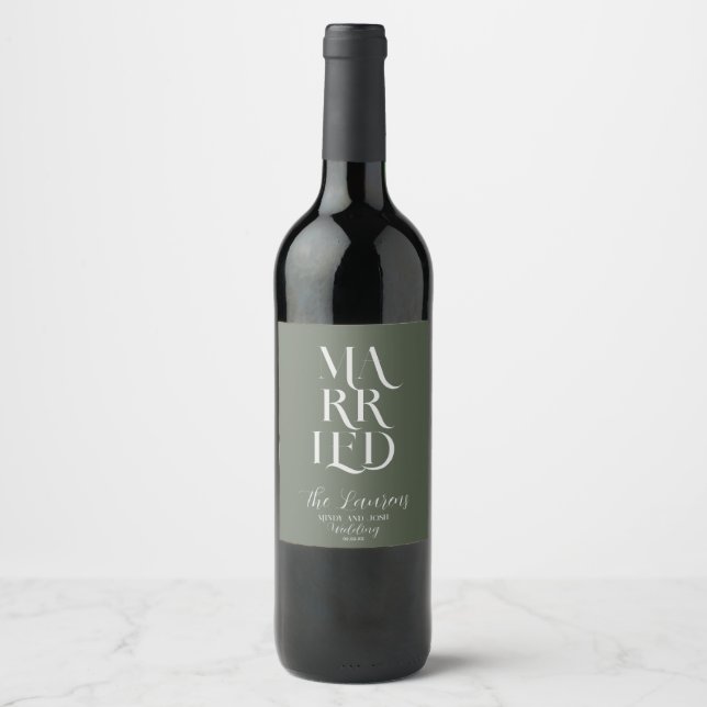 Étiquette Pour Bouteilles De Vin Script romantique Sage VERT Marié Mariage (Devant)