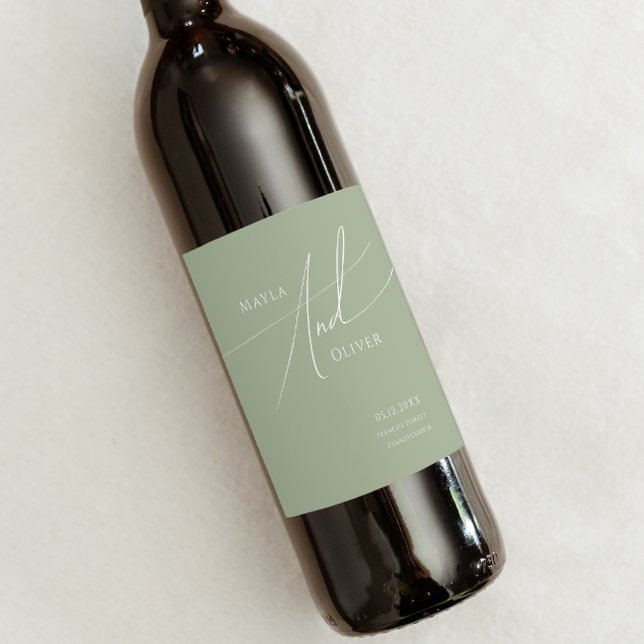Étiquette Pour Bouteilles De Vin Script Whimsical | Mariage vert Sage (Créateur téléchargé)