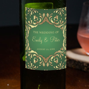 Étiquette Pour Bouteilles De Vin Shiny Royal Faux Gold Ornaments On Emerald Green