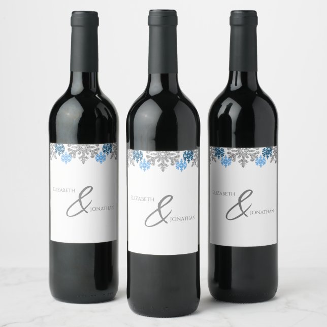 Étiquette Pour Bouteilles De Vin Silver Blue Snowflakes Mariage d'hiver (Bouteilles)