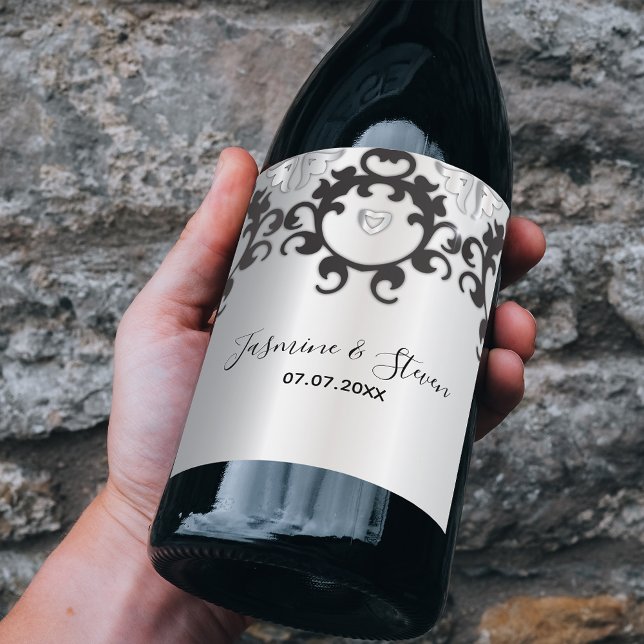 Étiquette Pour Bouteilles De Vin Silver Et Black Glam Élégant Mariage élégant (Créateur téléchargé)