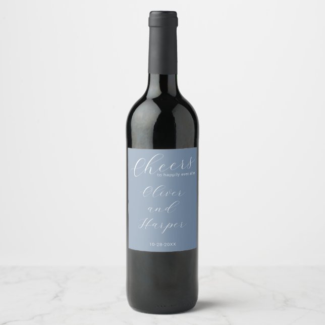 Étiquette Pour Bouteilles De Vin Simple Dusty Blue Elegant Script Mariage (Devant)