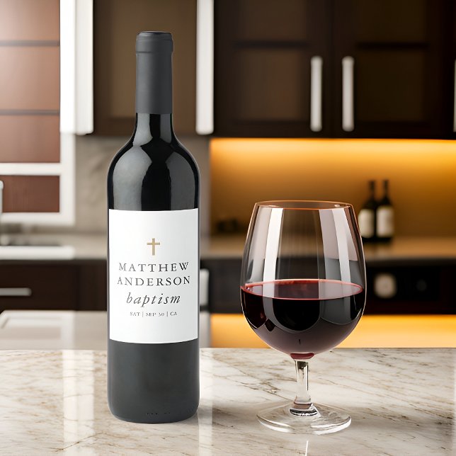 Étiquette Pour Bouteilles De Vin Simple moderne Elegant Cross Baby Baptism (Créateur téléchargé)