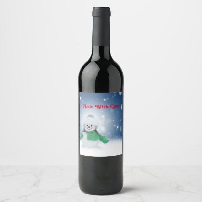 Étiquette Pour Bouteilles De Vin Snowman avec une écharpe verte (Devant)