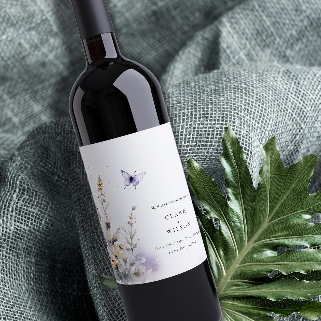 Étiquette Pour Bouteilles De Vin Soft Lilac Fleur sauvage Butterfly Garden Mariage (Créateur téléchargé)
