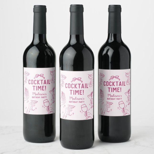 Étiquette Pour Bouteilles De Vin Soirée Cocktail rose Retro Anniversaire (Bouteilles)