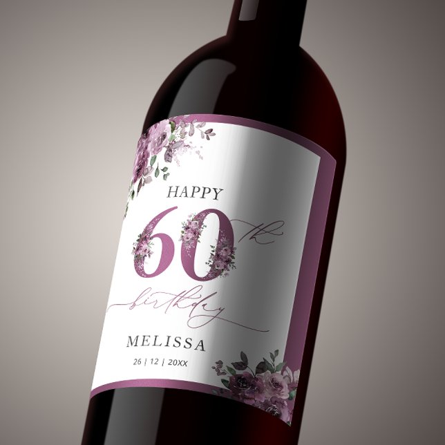 Étiquette Pour Bouteilles De Vin Soirée florale élégante 60e anniversaire (Créateur téléchargé)