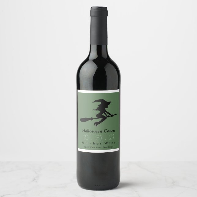 Étiquette Pour Bouteilles De Vin Sorcière sur Broomstick, Halloween (Devant)