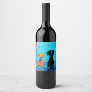 Étiquette Pour Bouteilles De Vin Sous l'Horizon Bleu - Chiens Colorés Surréalistes
