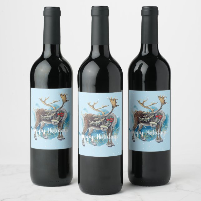 Étiquette Pour Bouteilles De Vin Splash bleu renne de Noël (Bouteilles)