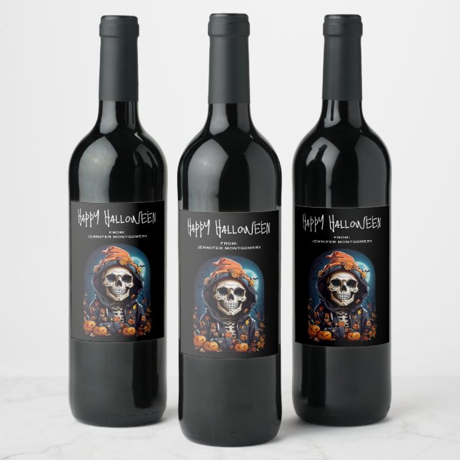 Étiquette Pour Bouteilles De Vin Squelette éffrayant avec Citrouilles mal (Bouteilles)