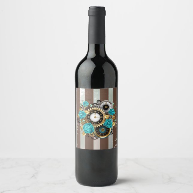 Étiquette Pour Bouteilles De Vin Steampunk Clock and Turquoise Roses on Striped (Devant)
