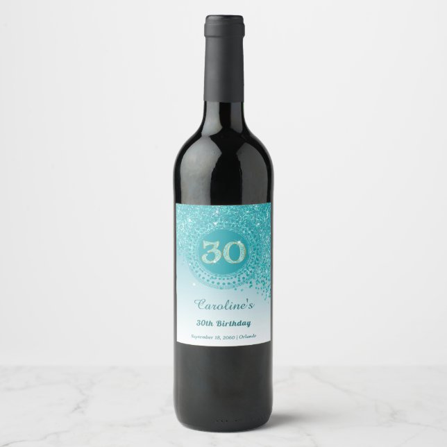 Étiquette Pour Bouteilles De Vin Stylish Falling Teal Blue Glitter 30th Birthday (Devant)