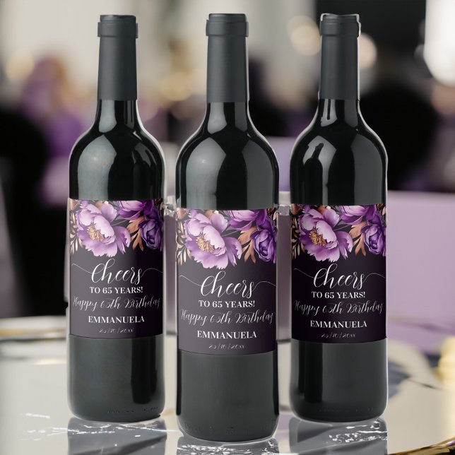 Étiquette Pour Bouteilles De Vin Table de fête d'anniversaire violet peony modèle (Birthday party tableware purple peonies template Wine Label personalized party wine labels)