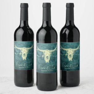 Étiquette Pour Bouteilles De Vin Taureau Turquoise foncé rustique de l'Ouest