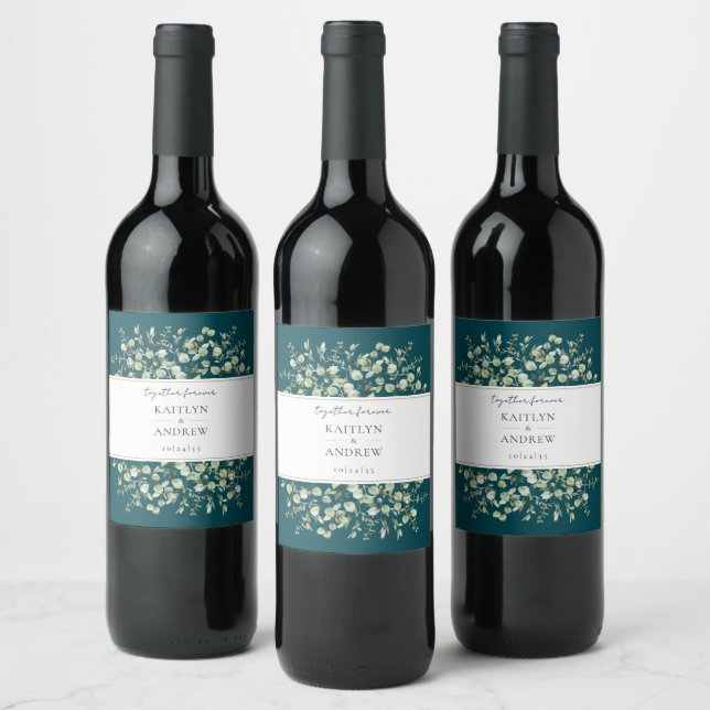 Étiquette Pour Bouteilles De Vin Teal Eucalyptus Together Forever Wedding  (Bouteilles)