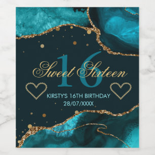 Étiquette Pour Bouteilles De Vin Teal & Faux Or Pailleté Agate Sweet 16