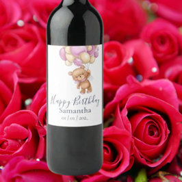 Étiquette Pour Bouteilles De Vin Teddy Bear Balloons rose Fille fête d'anniversaire