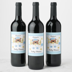 Étiquette Pour Bouteilles De Vin Teddy Bear Lune Nuages Stars Baby Boy Douche