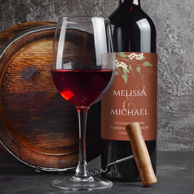 Étiquette Pour Bouteilles De Vin Terracotta Mariage Verdure Personnalisée (Terracotta elegant greenery calligraphy ampersand wine bottle label.)