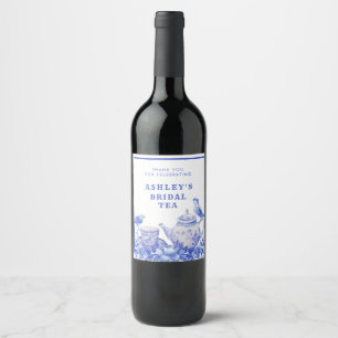 Étiquette Pour Bouteilles De Vin Théière florale bleue et blanche   Enterrement de 