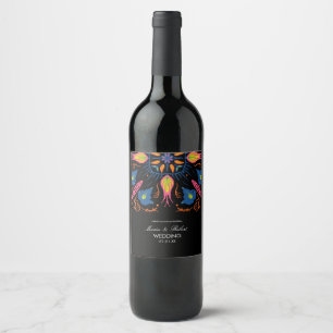 Étiquette Pour Bouteilles De Vin Thème de mariage indien Éléphant Floral Noir