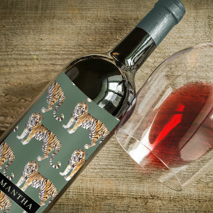 Étiquette Pour Bouteilles De Vin Tigres d'aquarelle verte tropicale Motif avec nom