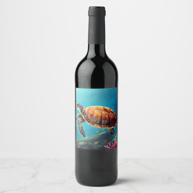 Étiquette Pour Bouteilles De Vin Tortue de mer en aquarelle (Devant)
