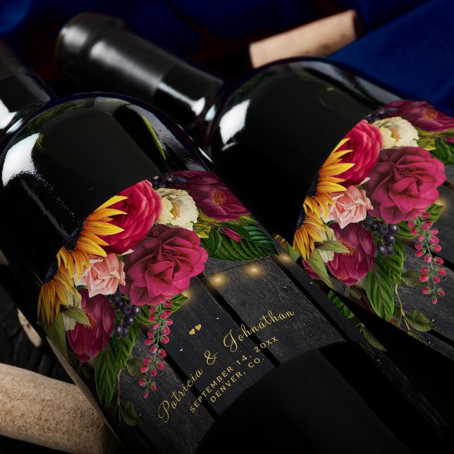 Étiquette Pour Bouteilles De Vin Tournesol rustique et rose mariage personnalisé (Créateur téléchargé)