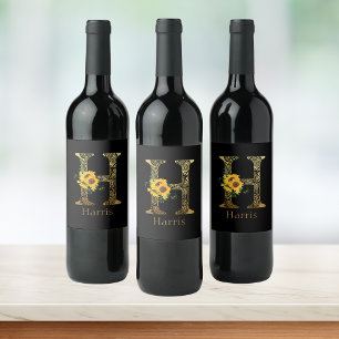Étiquette Pour Bouteilles De Vin Tournesols H lettre noir et or  