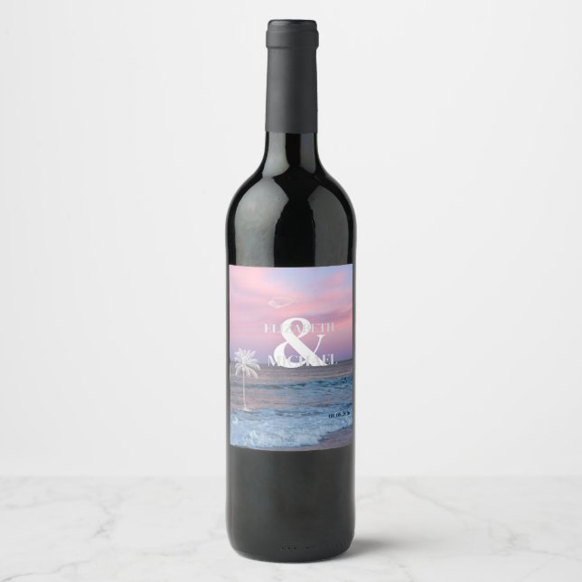 Étiquette Pour Bouteilles De Vin Tropical Wedding Sunrise Ocean Beach (Devant)