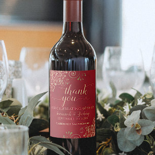 Étiquette Pour Bouteilles De Vin Trucs d'or sur Merci Mariage rouge Crimson