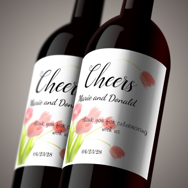 Étiquette Pour Bouteilles De Vin Tulipes roses douces (Créateur téléchargé)