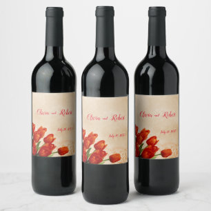 Étiquette Pour Bouteilles De Vin Tulipes rouges personnalisées sur arrière - plan d