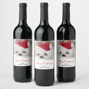 Étiquette Pour Bouteilles De Vin Un mignon chien blanc dans un Casquette de Noël ro