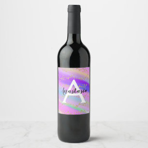 Étiquette Pour Bouteilles De Vin Unicorne colorée Rainbow Gold Parties scintillant 