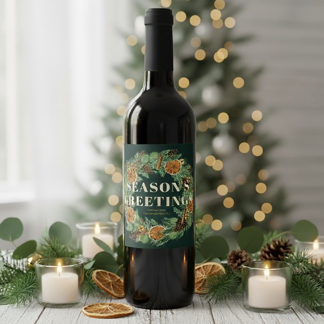 Étiquette Pour Bouteilles De Vin Vacances Aquarelle Séchée Orange Pine Wreath (Créateur téléchargé)