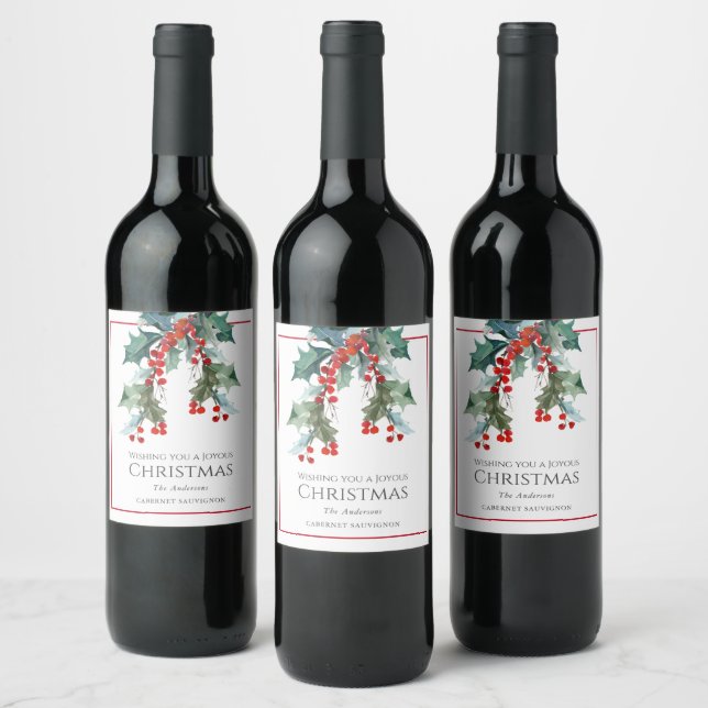 Étiquette Pour Bouteilles De Vin Vacances de Noël Holly et Berries personnalisées (Bouteilles)