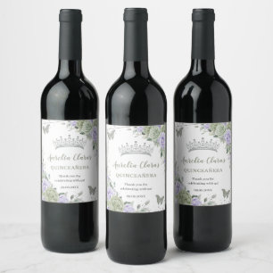 Étiquette Pour Bouteilles De Vin Vert sauge Fleurs roses violettes Quinceañera Anni